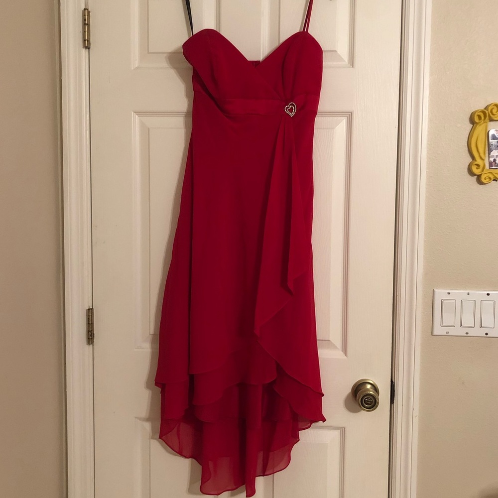 Stunning red spaghetti strap hi-low dress